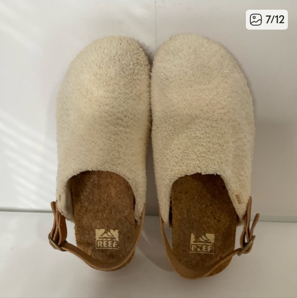 Reef Beach Bum Cream Tan Faux Fur Cork Upper Heel Strap Clogs 8 - Picture 7 of 12